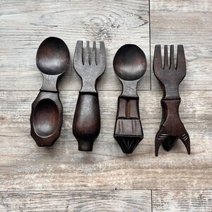 Vintage Western Carved Wooden Salad Servers Spoon Fork Rustic Cowboy Utensils